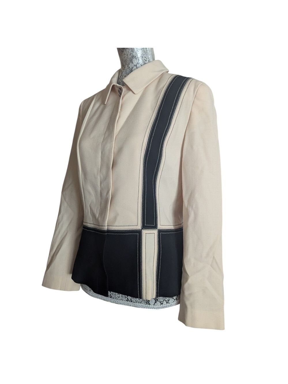 Louis Feraud Cream Black Geometric Color Block Wool Hidden Button Blazer Jacket